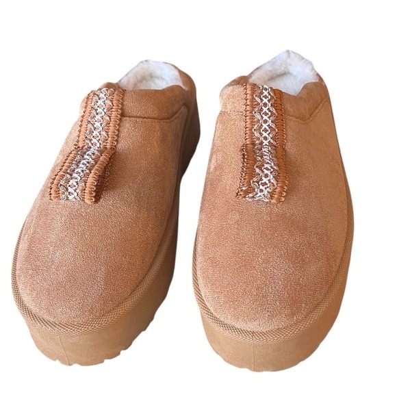 LINZO7 Camel Suede Platform Mule Slippers Cozy Lined‎ Size 9 - Picture 2 of 16